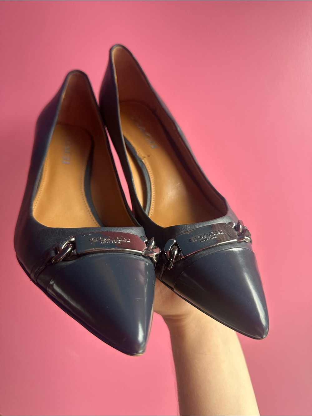 Coach Bowery Navy Pointed Leather Pumps
